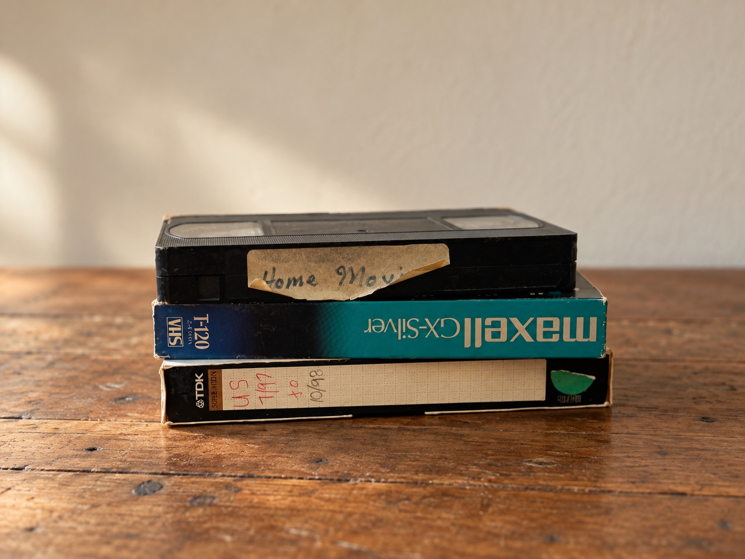 Three worn family VHS tapes with handwritten labels, stacked on a wooden table.